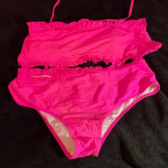 Two SHEIN Plus Frill Trim Hot Pink and Green  Bandeau Bikini Swimsuit - Picture 3 of 4